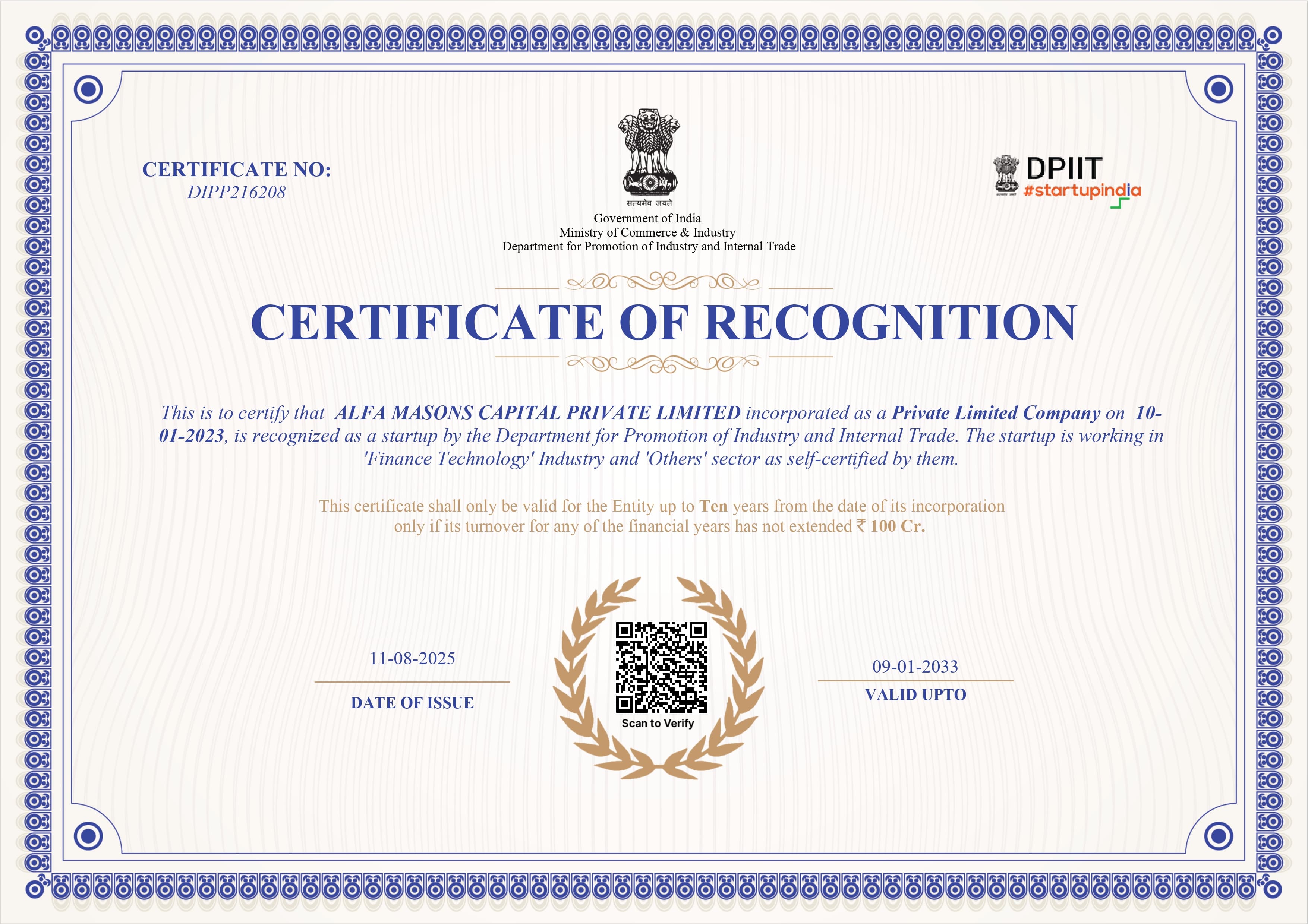 DPIIT Certificate of Recognition - Alfa Masons Capital